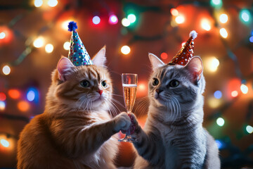 Zwei Katzen in Partyhüten, halten ein kleines Champagnerglas, die andere schaut neugierig. Bunte Lichter im Hintergrund schaffen eine humorvolle und festliche Atmosphäre für eine Party