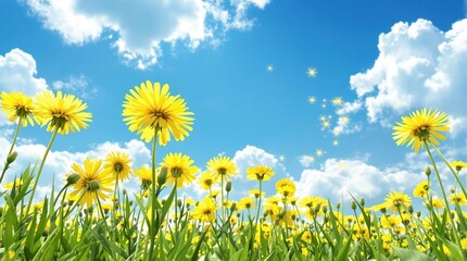 Yellow dandelions sway gently in the breeze on a sunny field with a clear blue sky above., open field, yellow flowers, green grass, rural scenery, countryside landscape