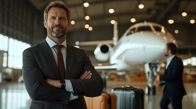 A confident businessman in a suit stands with arms crossed in a private jet terminal, symbolizing success, luxury, and the sophistication of executive travel.
