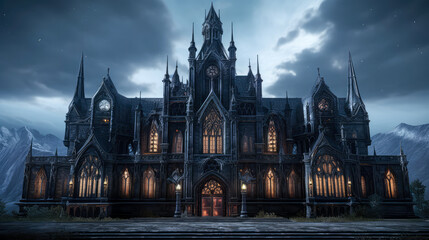 Gothic Architectural: Exploring the Intricacies of a Timeless Building in dark background. Halloween concept