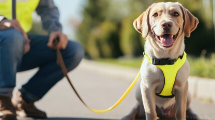 A cheerful Labrador retriever is sitting on a sidewalk, wearing a bright yellow harness, with its owner visible in the background, enjoying a sunny walk together.