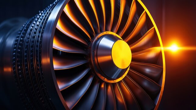 A close-up of a jet engine turbine showcasing intricate blades and glowing details, emphasizing engineering precision and aviation technology.