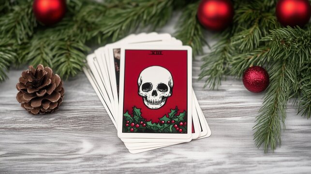 Tarot Cards Display Death Rebirth Card XIII Pine Branches and Pine Cones for Christmas Decor Featuring Holiday Skull Design for Tarot Enthusiasts Xmas Seasonal Psychic Readings and Gift Ideas