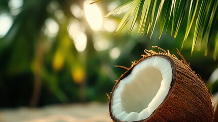 A tropical coconut rests under sunlit foliage, capturing the warmth and tranquility of a serene escape, just inviting you to unwind in nature’s lap.