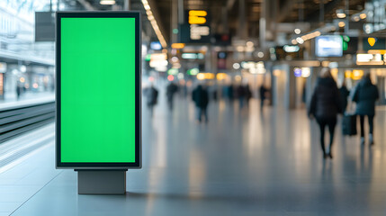 Green screen on a train station digital kiosk, ready for custom content display, set against the bustling background of passengers and transit activity