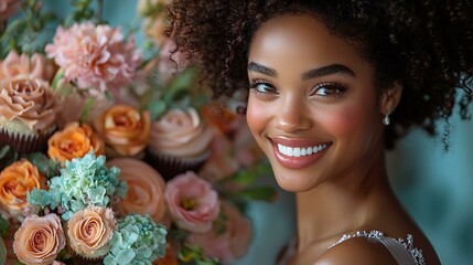 Romantic moment of a couple sharing laughter over cupcakes and a colorful flower arrangement