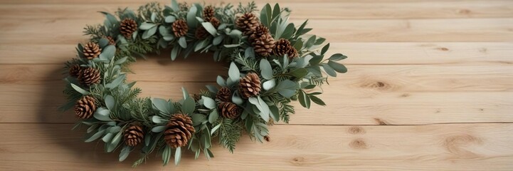 Fototapeta premium A festive Christmas wreath made of eucalyptus and pinecones on a light wooden table, Christmas, festive