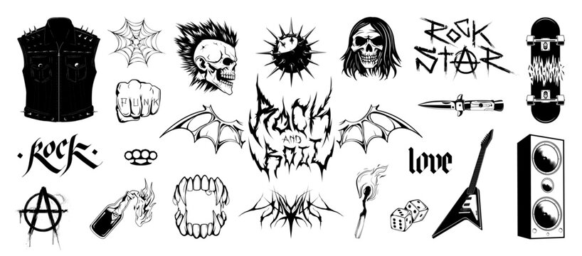 Rock'n'roll set in monochrome tattoo style, hardcore metal, and hard rock. Aggressive elements: anarchy sign, lettering, rocker vest, punk skull, guitar, speaker. Punk, metal, biker aesthetics. Vector