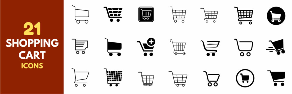 shopping cart icons set for web and UIUX design. Vector objects isolated on a white background, Shop cart icon set, buy and sale symbol. Full and empty shopping cart. Shopping basket icon sign 