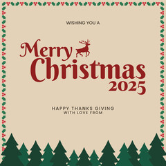 Luxury Christmas invitation wishing card art deco design vector 2025. Christmas tree, reindeer, spot texture on Creem background. Design illustration