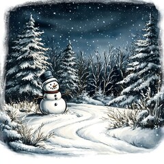 Obraz premium snowy forest with snowman vintage winter illustration nostalgic winter scene retro holiday card