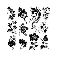 Decorative Floral Element Silhouette set Clipart on a white Background