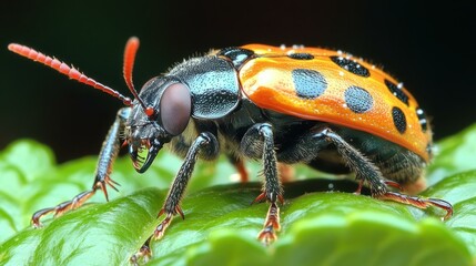 Naklejka premium Insect Macro. Bug bounty program True bugs Thumbnail nature-based pet food heic appwrite Farminsect Intigriti Burp suite Colorful ladybug orange black spots close up on green le