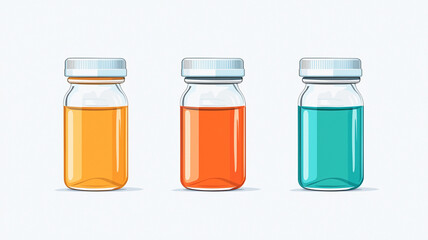 Brightly colored bottles filled with liquid, showcasing orange, yellow, and blue hues. Ideal for health or wellness themes