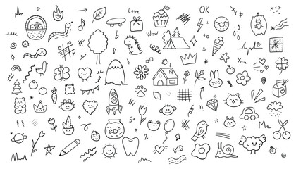 Fototapeta premium Cute kids elements, preschool kindergarten doodle icons set. Daycare, children drawings, flower, rainbow, cloud, sun, heart in sketch style. Hand drawn vector illustration isolated on white background