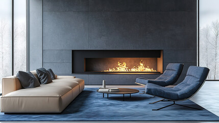 Chic Minimalist Living Room with Beige Leather Sofa, Blue Lounge Chair, and Fireplace
