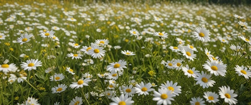 A meadow filled with white daisies and yellow wildflowers on a warm summer afternoon, green grass, sunny day - Powered by Adobe