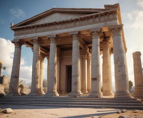 Obraz premium Ancient Greek temple with Doric columns and triangular pediment , agia triada, paros, ancient