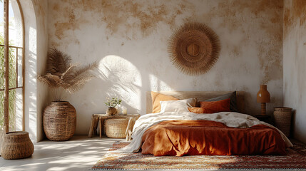 Stucco wall backdrop in boho-inspired modern bedroom design