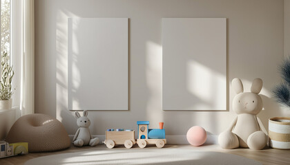 Poster canvases mockup next to window in baby room natural style in day light.