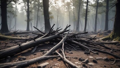 A pyre of charred and broken tree limbs on a forest floor, broken tree branches, natural destruction