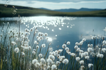 White cotton grass blooming by a tranquil lake with sparkling water reflections under soft sunlight, surrounded by green hills and distant mountains in a serene natural setting