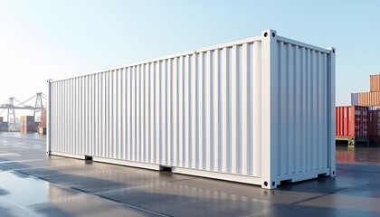 Fototapeta premium Blank white cargo ship container docked at busy port in morning