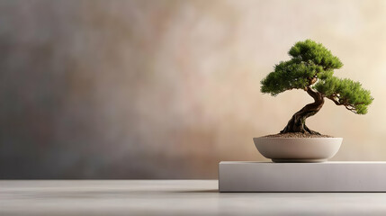 A miniature bonsai tree on a clean surface.