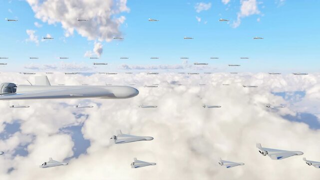 A swarm of fixed-wing unmanned combat aerial vehicles (UCAVs) flying in formation above white clouds, en route to execute precision strikes on high-value targets.