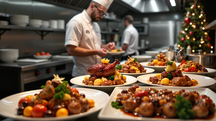 Professional chef preparing festive plates in a holiday kitchen