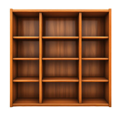 Wooden bookshelf with multiple shelves for storage and display isolated on transparent background