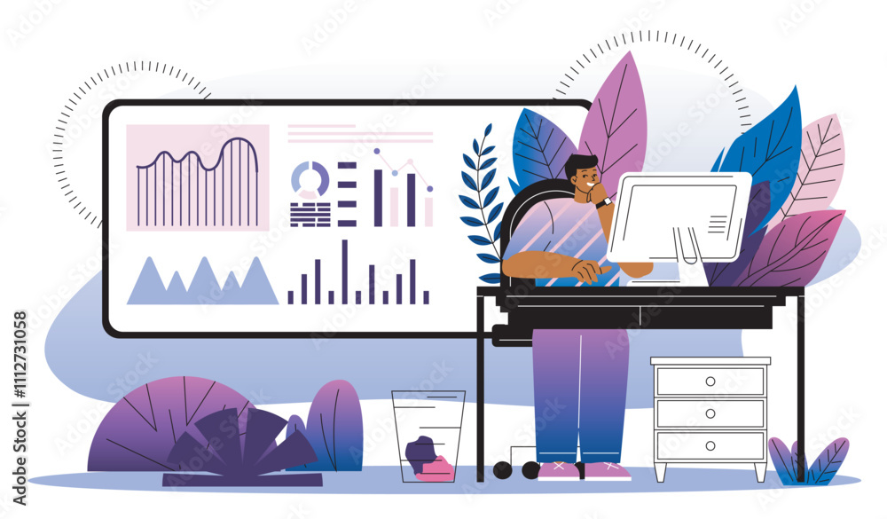 Poster man work with graphs. businessman sitting at computer near charts and diagrams. analyst conducts mar
