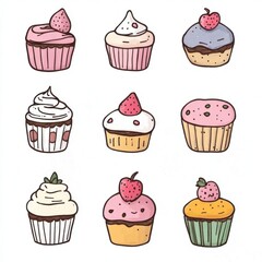 Colorful and Whimsical Cupcakes Collection with Strawberries and Creamy Frosting in Hand-Drawn Style