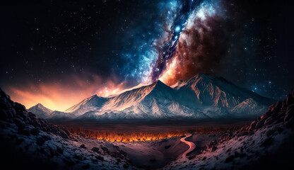 Beautiful Starry Night, Colorful Sky and Majestic Mountains under the Milky Way Galaxy, natural landscape background