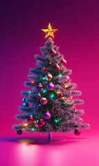 Obraz premium Decorated Christmas tree with a star and festive balls decorative vertical banner. Happy New Year creative concept poster. Digital illustration. AI artwork.