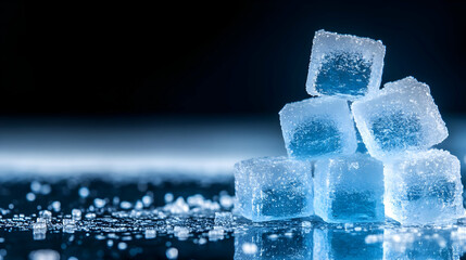 Close-up of ice cubes on a dark surface.