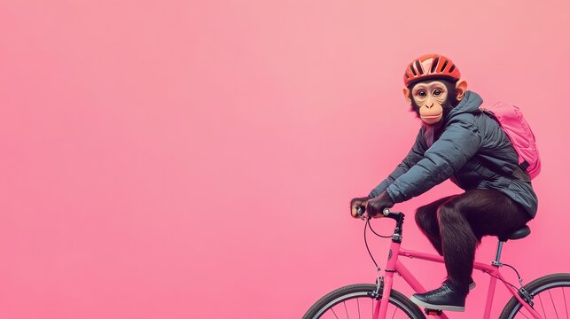 A monkey in a helmet and jacket rides a pink bicycle against a pink background.