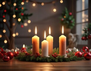 Christmas Eve with festive candles and lights, peaceful evening, soft warm light, merry christmas