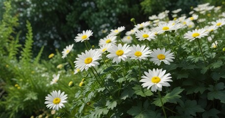Fototapeta premium Chrysanthemum flowers swaying gently in the breeze amidst lush green foliage, garden blooms, flowers, landscape