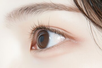 Fototapeta premium Stunning close-up of a Japanese woman: striking brown eyes, delicate skin, and a unique mole against a minimalist backdrop