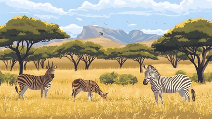 Fototapeta premium Zebras grazing in a sunlit savanna landscape with distant mountains and trees