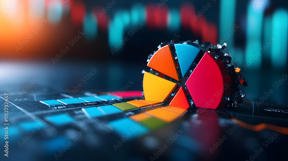 Poster colorful pie chart on data analysis graph.