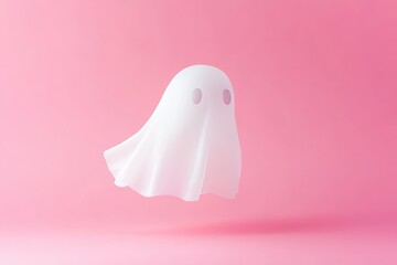 A whimsical ghost floats gently in a serene pink backdrop, capturing the essence of playful spookiness during a dreamy moment