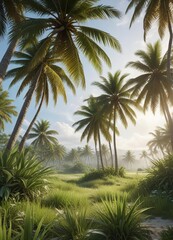 Fototapeta premium Coconut palms sway gently in the breeze amidst a sea of swaying rice plants, natural world, sunny day, serene landscape
