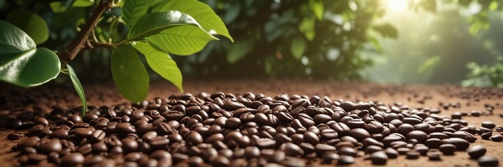 Obraz premium Coffee beans fresh picked from the tree in sunlight with vibrant green leaves , coffee beans, plant life, tropical