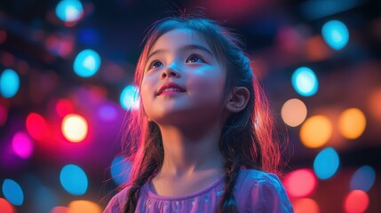 Dream Lights. Young girl thoughtful colorful lights dreamy atmosphere