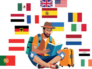 Tourist studying travel guide surrounded by international flags