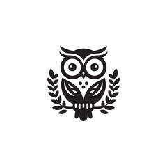 Owl silhouette, perched on branch, spreading wings, minimalist design, black and white, vector illustration, white background
