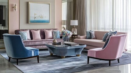 Modern living room with pastel furniture, abstract art, and elegant decor
