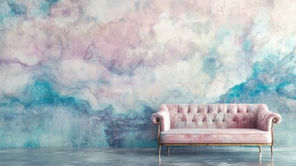 Elegant pastel-colored couch against dreamy, watercolor wall